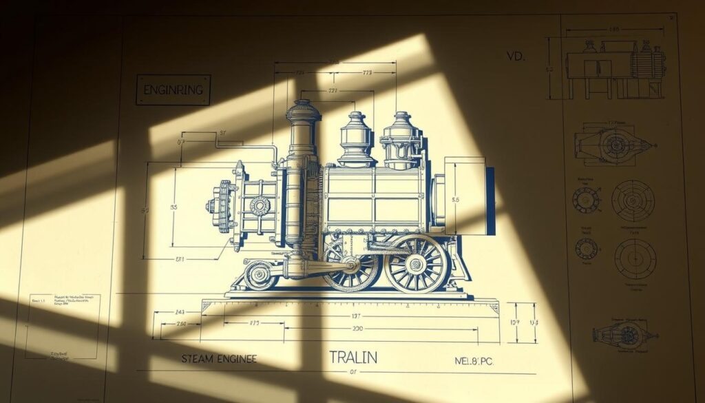 A blueprint-style technical diagram of a vintage steam engine, rendered in detailed engineering schematics and dimensional drawings. The design showcases the engine's inner workings, mechanical components, and functional specifications. The layout is clean and minimalist, with crisp linework, muted colors, and precise measurements, creating an educational and informative visual reference. Dramatic side lighting casts long shadows, giving the image depth and dimension. The perspective is slightly angled, allowing the viewer to inspect the engine from multiple angles. An air of vintage authenticity pervades the scene, as if this were a historical engineering manual or industrial design document.