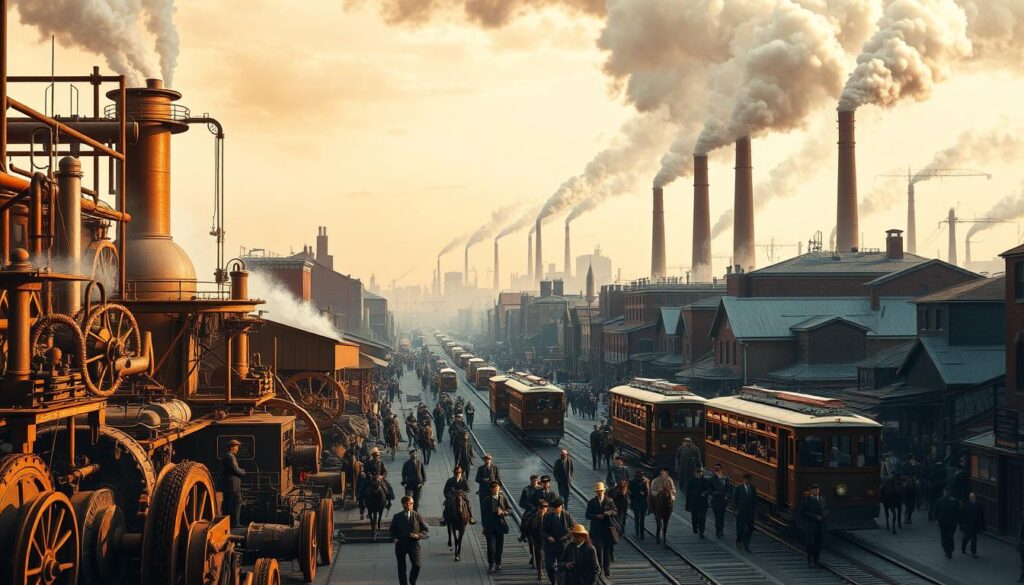 A bustling city scene from the late 19th century, capturing the social impact of the steam power revolution. In the foreground, workers toil at a steam-powered factory, the gears and pistons whirring with industrial might. In the middle ground, a bustling street filled with horse-drawn carriages and pedestrians marveling at the new steam-powered trolleys that zip by, connecting neighborhoods. In the background, the towering smokestacks of power plants and factories belch clouds of steam, symbolizing the rapid technological advancement that is transforming everyday life. The scene is bathed in a warm, golden light, evoking a sense of progress and modernity. A bustling city scene from the late 19th century, capturing the social impact of the steam power revolution. In the foreground, workers toil at a steam-powered factory, the gears and pistons whirring with industrial might. In the middle ground, a bustling street filled with horse-drawn carriages and pedestrians marveling at the new steam-powered trolleys that zip by, connecting neighborhoods. In the background, the towering smokestacks of power plants and factories belch clouds of steam, symbolizing the rapid technological advancement that is transforming everyday life. The scene is bathed in a warm, golden light, evoking a sense of progress and modernity.