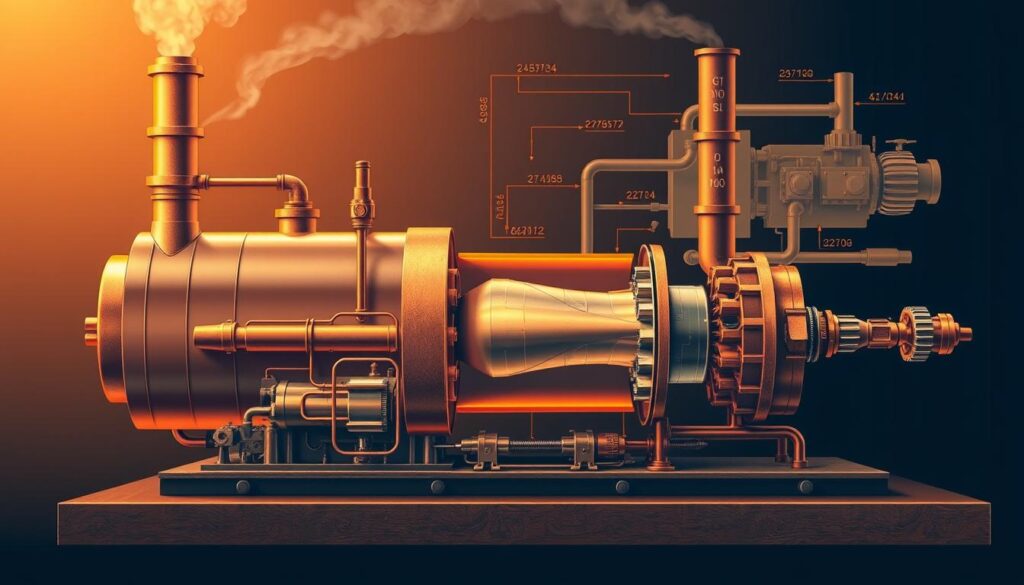 A cross-section diagram of a steam engine, showcasing the science behind energy transfer. In the foreground, a detailed illustration of the boiler, piston, and valve mechanisms, highlighting the conversion of heat into mechanical motion. The middle ground features cutaway views of the cylinder and crankshaft, illustrating the flow of steam and the transformation of thermal energy into rotational force. In the background, a technical diagram of the overall steam engine system, including the fuel source, water supply, and exhaust outlets, all bathed in a warm, sepia-toned lighting to convey a sense of historical significance. Rendered with crisp, technical precision to educate and inform. A cross-section diagram of a steam engine, showcasing the science behind energy transfer. In the foreground, a detailed illustration of the boiler, piston, and valve mechanisms, highlighting the conversion of heat into mechanical motion. The middle ground features cutaway views of the cylinder and crankshaft, illustrating the flow of steam and the transformation of thermal energy into rotational force. In the background, a technical diagram of the overall steam engine system, including the fuel source, water supply, and exhaust outlets, all bathed in a warm, sepia-toned lighting to convey a sense of historical significance. Rendered with crisp, technical precision to educate and inform.