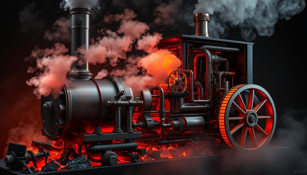 A cross-section of a coal-fired steam engine, showcasing the intricate interplay of thermodynamics. In the foreground, glowing red-hot coal burns, fueling the engine's pistons and flywheel. Hazy steam billows from the engine's exhaust, forming wispy clouds in the middle ground. The background depicts a cutaway view, revealing the engine's inner workings - a maze of pipes, valves, and gears, all working in concert to transform the energy stored in coal into the kinetic power that drives the machine. Dramatic shadows and highlights accentuate the engine's mechanical complexity, while a warm, amber-tinted lighting evokes the intensity of the coal-fired furnace.