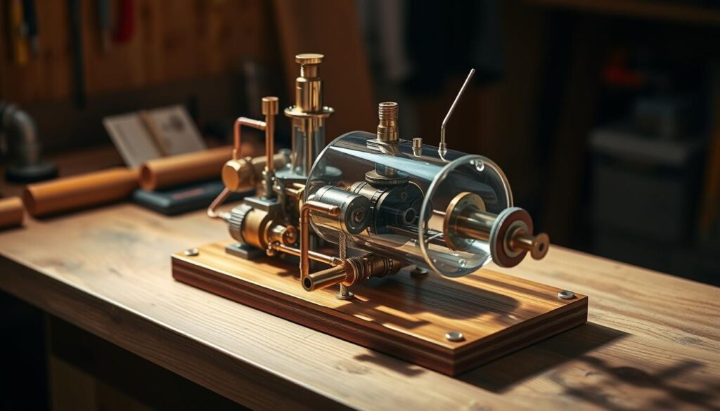 A detailed, annotated prototype of a beginner-level steam engine, placed on a well-lit wooden workbench. The engine features a compact, intricate mechanism with brass fittings, copper tubing, and a clear glass boiler, allowing viewers to see the inner workings. Soft, directional lighting casts warm shadows, highlighting the engine's intricate components. The image is captured from a slightly elevated angle, providing an optimal view of the design's technical details. The overall mood is one of technical curiosity and hands-on exploration, inviting the viewer to closely examine this functional steam engine prototype. A detailed, annotated prototype of a beginner-level steam engine, placed on a well-lit wooden workbench. The engine features a compact, intricate mechanism with brass fittings, copper tubing, and a clear glass boiler, allowing viewers to see the inner workings. Soft, directional lighting casts warm shadows, highlighting the engine's intricate components. The image is captured from a slightly elevated angle, providing an optimal view of the design's technical details. The overall mood is one of technical curiosity and hands-on exploration, inviting the viewer to closely examine this functional steam engine prototype.