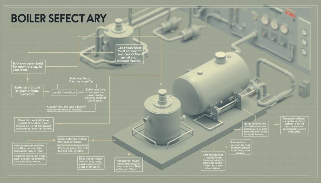 A detailed boiler safety flowchart with a crisp, technical aesthetic. Rendered in a clean, blueprint-style palette with muted tones and minimal shadows. The foreground features a clearly delineated process flow with distinct decision points and action steps. The middle ground showcases the key boiler components - pressure vessel, safety valves, water level indicators - in an isometric 3D view. The background subtly suggests an industrial setting with pipes, gauges, and control panels in the distance. Evenly lit from above to highlight the intricate details. Conveys a sense of safety, efficiency, and engineering excellence.