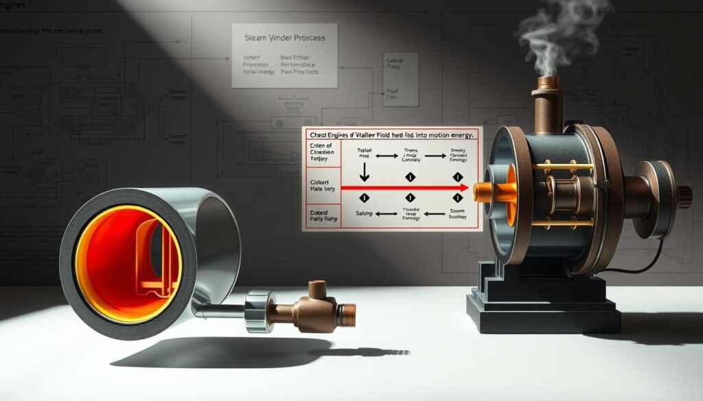 A detailed diagram illustrating the conversion of heat energy into motion energy within a steam engine. The foreground depicts a cross-section of a steam cylinder, with pistons and valves clearly visible, showcasing the mechanical workings. The middle ground features a labeled diagram mapping the thermodynamic process, with arrows tracing the flow of heat into mechanical power. The background provides a muted, technical illustration of the engine's internal structure, emphasizing its engineering principles. The lighting is crisp and directional, casting shadows that accentuate the mechanical components. The overall mood is one of scientific explanation, inviting the viewer to understand the fundamental mechanisms behind a steam engine's operation. A detailed diagram illustrating the conversion of heat energy into motion energy within a steam engine. The foreground depicts a cross-section of a steam cylinder, with pistons and valves clearly visible, showcasing the mechanical workings. The middle ground features a labeled diagram mapping the thermodynamic process, with arrows tracing the flow of heat into mechanical power. The background provides a muted, technical illustration of the engine's internal structure, emphasizing its engineering principles. The lighting is crisp and directional, casting shadows that accentuate the mechanical components. The overall mood is one of scientific explanation, inviting the viewer to understand the fundamental mechanisms behind a steam engine's operation.