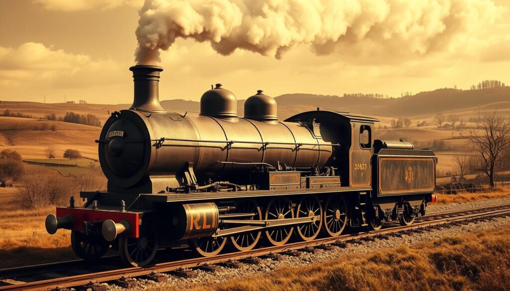 A detailed, life-like rendering of George Stephenson's pioneering steam locomotive, the Rocket, in a vivid, sepia-toned photograph. The locomotive is the centerpiece, its intricate metal components and boiler prominently featured, with steam billowing from the smokestack. The background depicts a rural English countryside, with rolling hills and sparse trees, evoking the early days of the railway age. Crisp lighting from the side casts dramatic shadows, highlighting the locomotive's powerful design. The overall tone is one of technological innovation and the dawn of a new era of transportation.