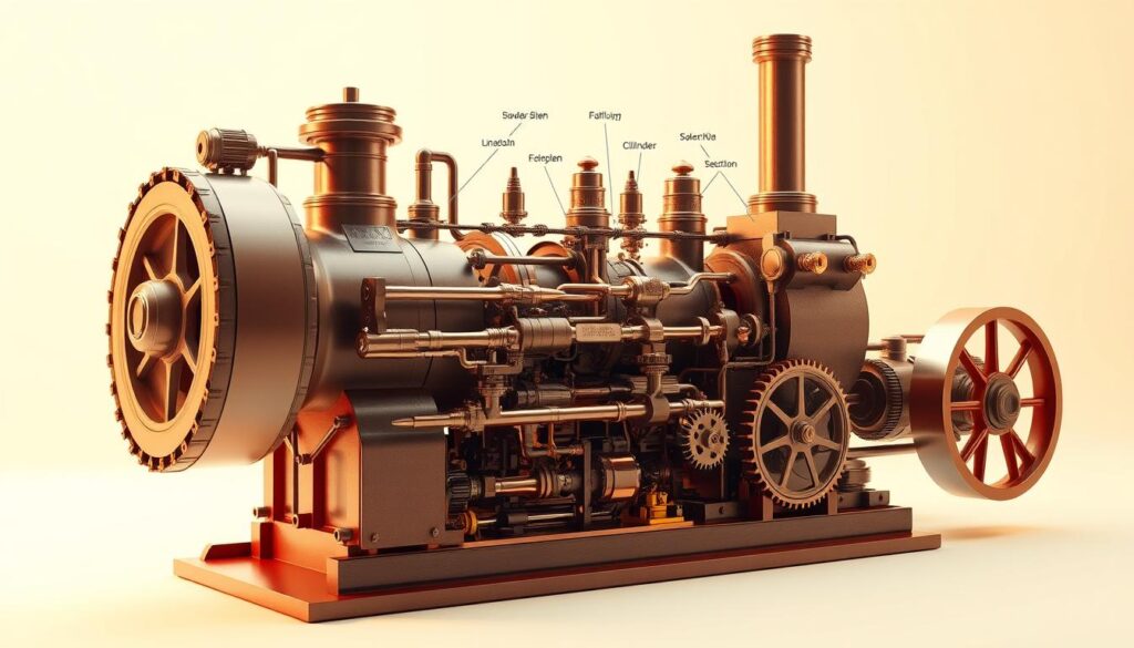A detailed steam engine diagram, meticulously labeled, showcasing its inner workings. The foreground depicts the engine's core components - the boiler, cylinders, pistons, and drive mechanism - rendered in crisp, technical precision. The middle ground highlights the complex system of valves, gears, and linkages that power the engine's motion. In the background, a clean, minimalist environment allows the diagram to take center stage, emphasizing its educational purpose. Warm, neutral lighting enhances the technical, instructional mood, while a slightly tilted, three-quarter view angle provides optimal visibility for all labeled elements. This visually engaging steam engine diagram will captivate young engineers, inspiring their curiosity and understanding of this iconic technology. A detailed steam engine diagram, meticulously labeled, showcasing its inner workings. The foreground depicts the engine's core components - the boiler, cylinders, pistons, and drive mechanism - rendered in crisp, technical precision. The middle ground highlights the complex system of valves, gears, and linkages that power the engine's motion. In the background, a clean, minimalist environment allows the diagram to take center stage, emphasizing its educational purpose. Warm, neutral lighting enhances the technical, instructional mood, while a slightly tilted, three-quarter view angle provides optimal visibility for all labeled elements. This visually engaging steam engine diagram will captivate young engineers, inspiring their curiosity and understanding of this iconic technology.