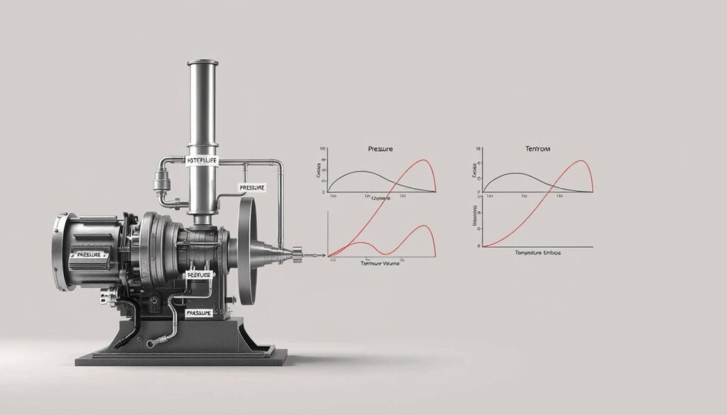 A detailed, technical diagram of a steam engine's thermodynamic cycle, rendered in a clean, technical style. The foreground shows the inner workings of the engine, with labeled components and flow paths. The middle ground depicts pressure-volume and temperature-entropy diagrams, illustrating the thermodynamic processes. The background is a neutral, muted tone, allowing the technical details to take center stage. Crisp lighting and precise, technical angles convey the scientific nature of the subject matter. An educational, informative atmosphere permeates the image, perfectly suited to accompany the "How Your Model Works" section of the STEM club article.