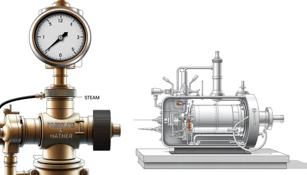 A highly detailed, technical diagram depicting the relationship between heat and motion in a steam engine safety system. The foreground showcases a series of carefully labeled components, including a pressure gauge, safety valve, and steam release mechanism, all rendered in a precise, engineering-style illustration. The middle ground features a cross-sectional view of the engine's inner workings, highlighting the flow of steam and the transfer of energy. The background is a clean, minimalist environment, emphasizing the technical focus of the image. The lighting is crisp and directional, casting subtle shadows that accentuate the three-dimensional nature of the components. The overall mood is one of informative clarity, providing a comprehensive visual guide to the safety mechanisms of a steam engine.