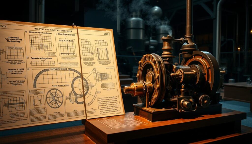 A highly detailed, technical diagram depicting the steam engine efficiency of James Watt's revolutionary design. The foreground features intricate schematics and engineering drawings showcasing Watt's innovative improvements, such as the separate condenser and double-acting cylinder. The middle ground presents a cutaway view of the engine's internal mechanisms, with precisely rendered components and precise labeling. The background subtly suggests an industrial setting, with a sense of scale and perspective to convey the true magnitude of Watt's groundbreaking work. The lighting is dramatic, casting sharp shadows and highlights to accentuate the technical precision. The overall mood is one of scientific rigor and historic significance, befitting the influential legacy of James Watt's steam engine.