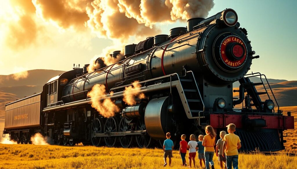 A majestic Union Pacific Big Boy steam locomotive stands proud, its massive 4-8-8-4 wheel arrangement and towering stature commanding attention. Billowing clouds of steam pour from its powerful boiler, illuminated by warm golden sunlight filtering through the countryside. In the foreground, a group of awestruck children gaze up in wonder, surrounded by lush rolling hills and a clear blue sky. The locomotive's intricate details, from its shiny metal surfaces to the intricate valve gear, are captured with photorealistic precision. A sense of timeless grandeur and the thrill of historical discovery permeates the scene, inviting young viewers to imagine the locomotive's storied past.