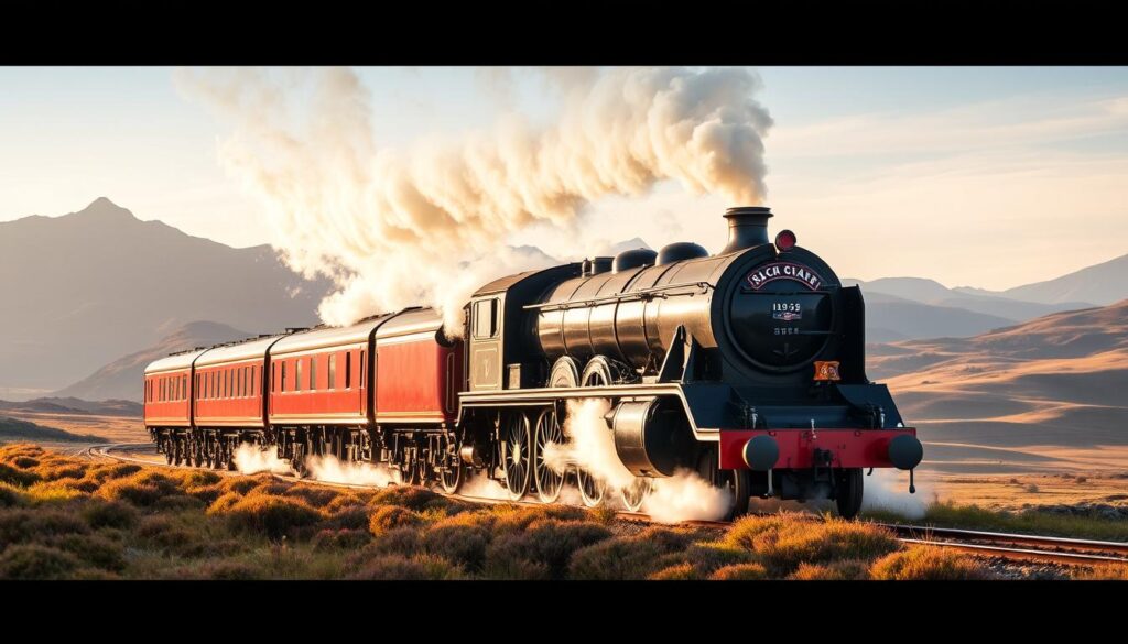 A majestic steam locomotive, the iconic Flying Scotsman, charging through a picturesque Scottish landscape. The gleaming black and red engine, its massive wheels churning, billows of steam escaping from its tall chimney. In the foreground, the locomotive's streamlined profile is captured in sharp detail, with intricate metalwork and the famous Flying Scotsman livery. In the middle ground, rolling hills and heather-covered moorlands stretch out, bathed in warm, golden sunlight. In the distant background, the rugged silhouettes of Highland mountains loom, creating a dramatic and awe-inspiring backdrop. The scene exudes a sense of power, nostalgia, and the timeless allure of classic rail travel.