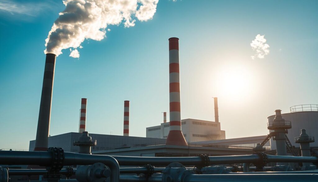 A modern power plant, its towering turbines and chimneys silhouetted against a backdrop of azure skies. Steam billows from the exhaust, catching the warm light of the sun. In the foreground, a network of pipes and valves, their metallic surfaces gleaming. The scene evokes a sense of progress and technological advancement, where the enduring power of steam has found a place in the contemporary energy landscape. Smooth camera angle, with a focus on the interplay of form, function, and natural light. An image that celebrates the timeless elegance of steam-driven systems within the context of modern sustainable energy solutions.