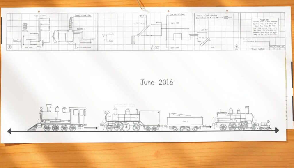 A simple paper timeline depicting the evolution of steam engines, with detailed pencil sketches of iconic locomotive models in the foreground. The middle ground features a timeline of significant dates and events, while the background showcases a vintage blueprint-style grid pattern, lending an educational and technical atmosphere. Warm, natural lighting casts soft shadows, creating depth and a sense of depth. The overall composition is clean, organized, and inviting, perfectly suited to illustrate the "Building a Simple Paper Timeline" section of the "Child-Friendly Timeline: The Evolution of the Steam Locomotive" article. A simple paper timeline depicting the evolution of steam engines, with detailed pencil sketches of iconic locomotive models in the foreground. The middle ground features a timeline of significant dates and events, while the background showcases a vintage blueprint-style grid pattern, lending an educational and technical atmosphere. Warm, natural lighting casts soft shadows, creating depth and a sense of depth. The overall composition is clean, organized, and inviting, perfectly suited to illustrate the "Building a Simple Paper Timeline" section of the "Child-Friendly Timeline: The Evolution of the Steam Locomotive" article.