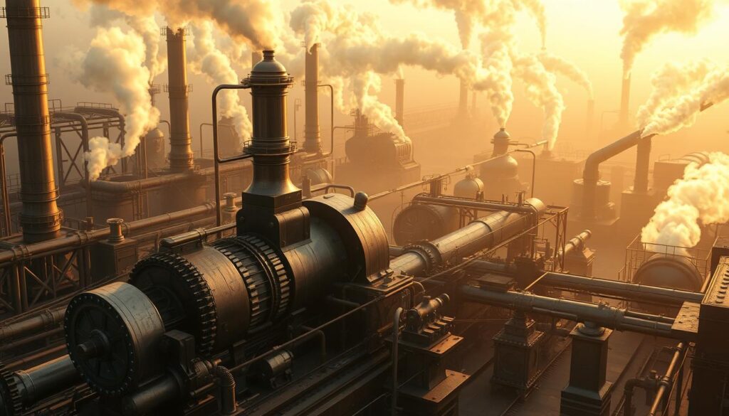 A sprawling industrial landscape, steam billowing from towering pipes and chimneys, casting an ethereal glow across the scene. In the foreground, a massive steam engine stands proudly, its gears and pistons in motion, propelling the mechanism forward. Backlit by a warm, golden light, the engine's intricate metalwork shimmers, revealing the science and engineering that powers this marvel of the industrial age. In the middle ground, a network of pipes and valves intertwine, transporting the superheated steam to various machinery, while the background showcases the coal-fired boilers and furnaces that generate the driving force. The atmosphere is one of hustle and progress, a testament to the ingenuity and determination that harnessed the power of steam and transformed the world.