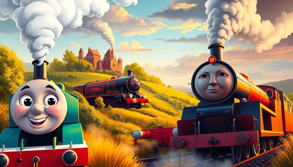 A vibrant, colorful illustration of iconic steam locomotives from beloved children's stories. In the foreground, the famous Thomas the Tank Engine puffs out billows of white steam, his friendly face painted with a cheerful expression. In the middle ground, the Hogwarts Express from the Harry Potter series glides through a lush, verdant landscape, its scarlet-red body gleaming in the warm afternoon sunlight. In the background, the iconic silhouette of the Flying Scotsman locomotive cuts a striking figure against a dramatic sky, its powerful engine capturing the imagination of young readers. The scene is bathed in a warm, nostalgic glow, evoking the timeless wonder and magic of classic train tales.