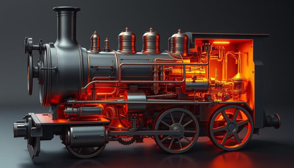 Detailed cross-section of a classic steam engine, meticulously rendered in a technical illustration style. Cutaway view showcasing the inner workings, with precisely modeled components like the boiler, cylinders, pistons, valves, and drive mechanism. Warm lighting from the boiler fire illuminates the scene, casting dramatic shadows and highlights the intricacy of the machinery. The overall composition emphasizes the mechanical ingenuity and innovative spirit that defined the era of steam-powered transportation. Rendered with a sense of historical significance, capturing the timeline of major steam engine advancements. Detailed cross-section of a classic steam engine, meticulously rendered in a technical illustration style. Cutaway view showcasing the inner workings, with precisely modeled components like the boiler, cylinders, pistons, valves, and drive mechanism. Warm lighting from the boiler fire illuminates the scene, casting dramatic shadows and highlights the intricacy of the machinery. The overall composition emphasizes the mechanical ingenuity and innovative spirit that defined the era of steam-powered transportation. Rendered with a sense of historical significance, capturing the timeline of major steam engine advancements.