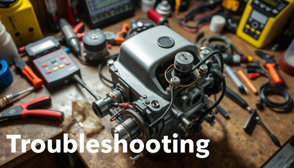 A close-up view of a pop-pop boat engine on a workbench, surrounded by various tools and diagnostic equipment. The engine is disassembled, with components like the coil, valves, and water jets visible. The lighting is bright and focused, casting shadows that highlight the intricate details. The atmosphere is one of careful examination and troubleshooting, with a sense of problem-solving and hands-on experimentation. The image conveys the technical nature of the task at hand, providing a visual aid to the article's "Troubleshooting" section.