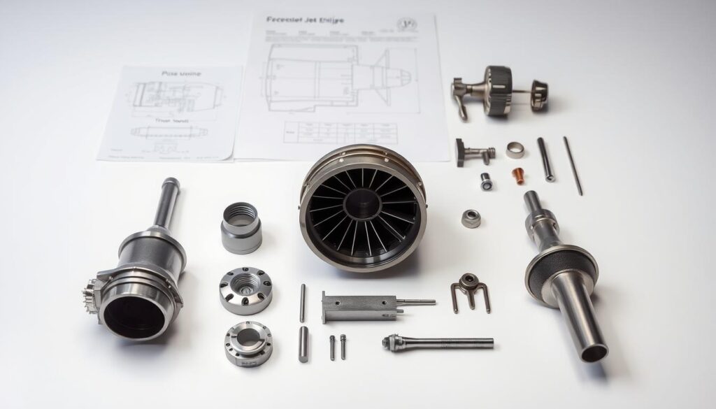 A detailed parts list for a pulse jet engine, featuring precision-engineered components arranged on a clean, well-lit surface. The foreground showcases the essential materials - a combustion chamber, air intake, and thrust nozzle - against a neutral background. The middle ground includes technical diagrams and measurements, providing clear visual context. The overall lighting is bright and uniform, accentuating the mechanical details and creating a sense of technical professionalism suitable for an educational article.