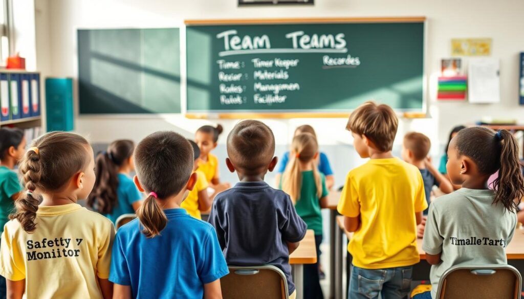 Classroom steam team roles: A well-lit, vibrant school setting with a diverse group of students engaged in various tasks. In the foreground, the "Safety Monitor" stands vigilant, ensuring everyone's wellbeing. The "Timer Keeper" manages the flow of activities, while the "Materials Manager" organizes supplies. In the middle ground, the "Recorder" diligently documents the team's progress. The "Facilitator" guides the discussion, fostering collaboration. In the background, a chalkboard displays the team roles, underscoring the structure and purpose of this dynamic classroom environment. Classroom steam team roles: A well-lit, vibrant school setting with a diverse group of students engaged in various tasks. In the foreground, the "Safety Monitor" stands vigilant, ensuring everyone's wellbeing. The "Timer Keeper" manages the flow of activities, while the "Materials Manager" organizes supplies. In the middle ground, the "Recorder" diligently documents the team's progress. The "Facilitator" guides the discussion, fostering collaboration. In the background, a chalkboard displays the team roles, underscoring the structure and purpose of this dynamic classroom environment.