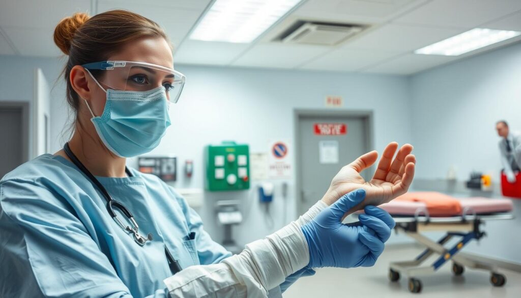 A clinical emergency room with bright, sterile lighting. In the foreground, a nurse in full PPE - goggles, face mask, gloves, and gown - tending to a patient's burn injury. The patient's arm is wrapped in sterile bandages. Behind them, a wall-mounted first aid kit and a clearly marked evacuation route sign. In the background, a stretcher and emergency medical equipment stand ready. The atmosphere is one of calm professionalism, conveying the importance of proper emergency procedures and safety protocols.