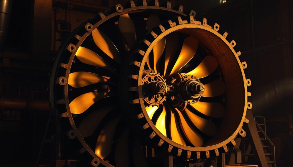 A detailed cross-section of a turbine wheel in construction, showcasing the intricate assembly of its spoon-shaped buckets, central axle, and supporting frame. The scene is illuminated by warm, directional lighting that casts dramatic shadows, highlighting the engineering precision. The wheel is rendered with a high level of technical accuracy, revealing the mechanical workings and the craftsmanship involved in its creation. The overall mood is one of industrial elegance and technical mastery, suitable for illustrating the "Build the Wheel" section of the article on a steam-powered Pelton wheel. A detailed cross-section of a turbine wheel in construction, showcasing the intricate assembly of its spoon-shaped buckets, central axle, and supporting frame. The scene is illuminated by warm, directional lighting that casts dramatic shadows, highlighting the engineering precision. The wheel is rendered with a high level of technical accuracy, revealing the mechanical workings and the craftsmanship involved in its creation. The overall mood is one of industrial elegance and technical mastery, suitable for illustrating the "Build the Wheel" section of the article on a steam-powered Pelton wheel.