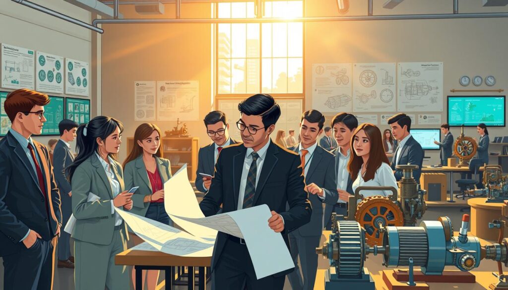 A detailed illustration of an engineering pathway, highlighting educational requirements for a career in mechanical engineering with steam technology. In the foreground, depict a diverse group of students and young professionals in business attire, engaged in discussion while examining blueprints and mechanical models. In the middle ground, show a dynamic classroom environment with advanced engineering tools, models of steam engines, and digital screens displaying educational content. The background features a large window with sunlight streaming in, illuminating a wall adorned with posters of engineering achievements. The atmosphere should be inspiring and collaborative, conveying a sense of ambition and innovation. Use warm, natural lighting to create an inviting environment, and employ a slight angle to emphasize the depth of the scene. A detailed illustration of an engineering pathway, highlighting educational requirements for a career in mechanical engineering with steam technology. In the foreground, depict a diverse group of students and young professionals in business attire, engaged in discussion while examining blueprints and mechanical models. In the middle ground, show a dynamic classroom environment with advanced engineering tools, models of steam engines, and digital screens displaying educational content. The background features a large window with sunlight streaming in, illuminating a wall adorned with posters of engineering achievements. The atmosphere should be inspiring and collaborative, conveying a sense of ambition and innovation. Use warm, natural lighting to create an inviting environment, and employ a slight angle to emphasize the depth of the scene.