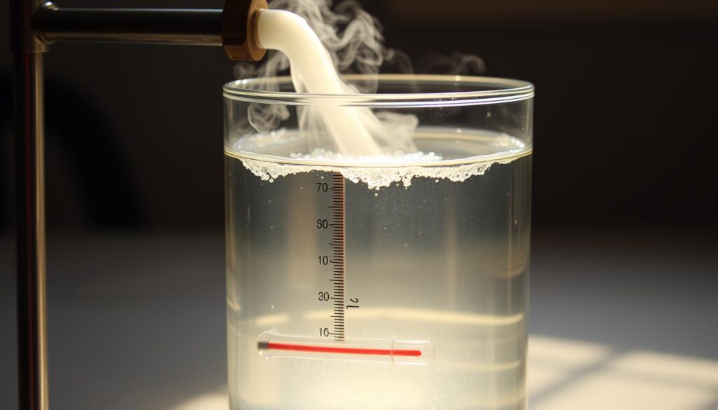 A glass container filled with clear water, condensation forming on its surface as steam is directed into it from a metal pipe. The setup is illuminated by a soft, natural light, casting a warm glow on the experiment. The steam rises from the pipe, creating a mist-like effect. The water level in the container is visible, and a thermometer is placed in the water to record the temperature change. The overall scene has a scientific, yet serene atmosphere, capturing the essence of the "Procedure: capture condensing steam in water, log temperature rise" section.