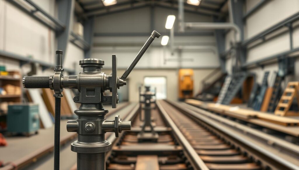 A high-resolution, detailed photograph of railroad switch stand components in a well-lit, clean workshop setting. The foreground showcases the intricate mechanisms of the switch stand, including the throw lever, latch, and connecting rods, all rendered in precise, technical detail. The middle ground features the stand's base and mounting hardware, while the background subtly suggests the industrial context, with subtle hints of track and other railway infrastructure. Crisp lighting from multiple angles accentuates the metallic surfaces and creates dramatic shadows, highlighting the functional design and engineering of the components. The overall tone is one of technical precision and industrial elegance, perfectly suited to illustrate the "Materials & Templates" section of the article.