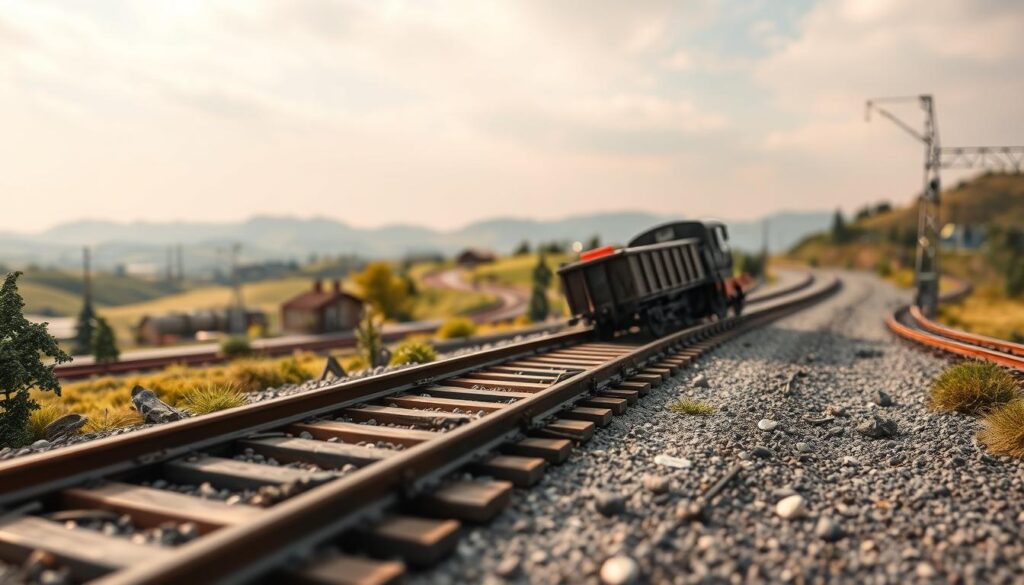 A meticulously detailed, photorealistic image of a model railroad track with a derailed locomotive. The foreground showcases the damaged track, with broken rails, displaced ties, and scattered ballast. The locomotive is tilted, its wheels off the rails, as if freshly derailed. The middle ground features the surrounding trackbed, with carefully sculpted terrain, lush vegetation, and intricate infrastructure. The background depicts a serene, idyllic landscape with rolling hills, distant mountains, and a picturesque sky with soft, diffused lighting. The entire scene conveys a sense of technical analysis and troubleshooting, with the derailment serving as the focal point for understanding the causes and potential solutions for such track issues. A meticulously detailed, photorealistic image of a model railroad track with a derailed locomotive. The foreground showcases the damaged track, with broken rails, displaced ties, and scattered ballast. The locomotive is tilted, its wheels off the rails, as if freshly derailed. The middle ground features the surrounding trackbed, with carefully sculpted terrain, lush vegetation, and intricate infrastructure. The background depicts a serene, idyllic landscape with rolling hills, distant mountains, and a picturesque sky with soft, diffused lighting. The entire scene conveys a sense of technical analysis and troubleshooting, with the derailment serving as the focal point for understanding the causes and potential solutions for such track issues.