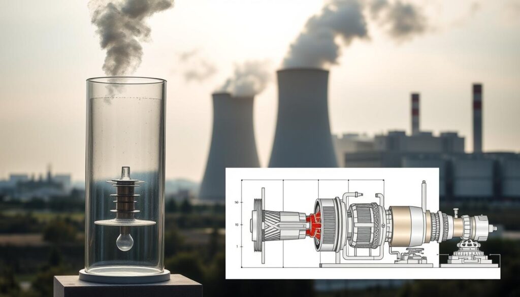 A power plant set against a hazy sky, with steam billowing from its cooling towers. In the foreground, a detailed diagram of a steam calorimeter, its glass components glinting in the light. The calorimeter's design is meticulously rendered, showcasing the mechanisms that measure heat transfer and energy efficiency. In the background, the plant's turbines and generators loom, their intricate machinery visible through transparent panels. The scene conveys the connection between small-scale calorimetry experiments and the large-scale power generation systems they model, highlighting the fundamental principles of thermodynamics at work.