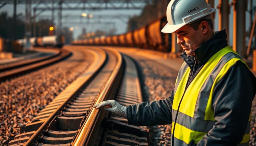 A railway maintenance worker, dressed in a high-visibility vest and hard hat, carefully inspects the rail joiners on a track section. The scene is illuminated by warm, directional lighting, casting subtle shadows that emphasize the metal components and the worker's focused expression. The track extends into the distance, with well-maintained ballast and sleepers visible in the middle ground. In the background, a few railway cars can be seen, suggesting an active transportation corridor. The overall atmosphere conveys a sense of diligence, attention to detail, and the importance of maintaining the electrical reliability of the rail infrastructure. A railway maintenance worker, dressed in a high-visibility vest and hard hat, carefully inspects the rail joiners on a track section. The scene is illuminated by warm, directional lighting, casting subtle shadows that emphasize the metal components and the worker's focused expression. The track extends into the distance, with well-maintained ballast and sleepers visible in the middle ground. In the background, a few railway cars can be seen, suggesting an active transportation corridor. The overall atmosphere conveys a sense of diligence, attention to detail, and the importance of maintaining the electrical reliability of the rail infrastructure.