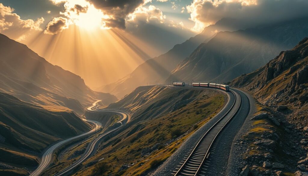 A sweeping vista of a majestic mountain pass, the road snaking through the landscape with graceful, banked turns. The rails of a high-speed train line hug the contours of the terrain, their superelevated curves banking steeply to accommodate the trains' velocity. Shafts of warm, golden light filter through wispy clouds, casting dramatic shadows on the rugged terrain. The scene exudes a sense of engineering prowess, showcasing the harmonious integration of infrastructure and natural environment. Captured with a wide-angle lens to emphasize the grand scale, this image conveys the real-world challenges and solutions of railway design in mountainous regions.