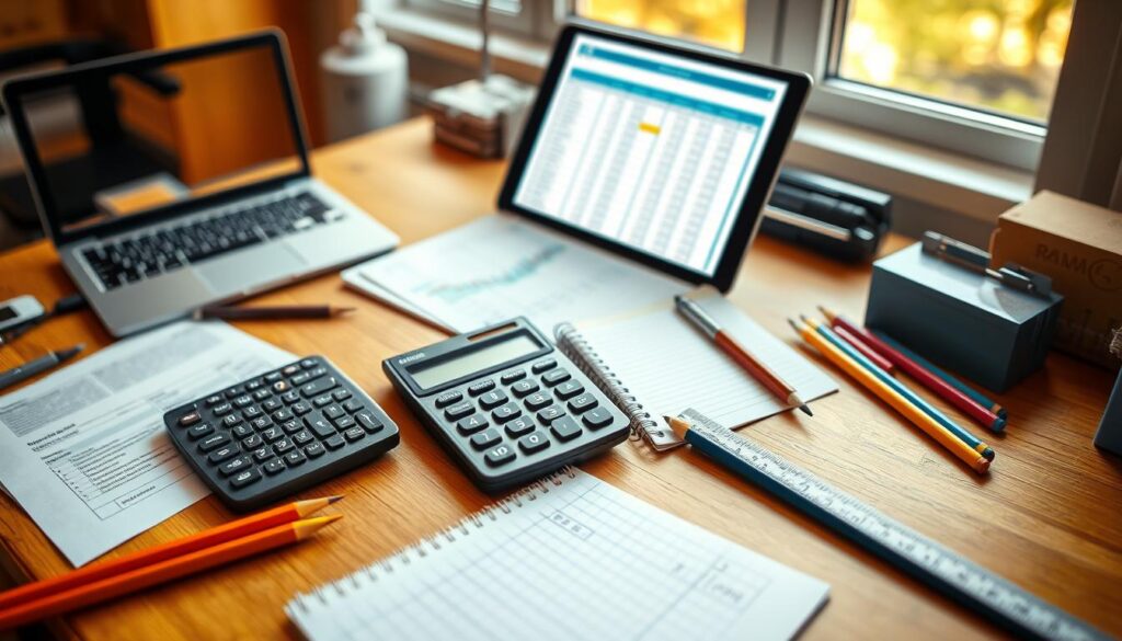 A tidy workbench with various budgeting tools and materials for model railroad construction, including a calculator, a spreadsheet on a laptop, a notepad, colored pencils, and a ruler. The setting is well-lit, with warm natural lighting from a nearby window, creating a productive and organized atmosphere. The tools are carefully arranged, suggesting a meticulous planning process for the upcoming model railroad project. The overall composition conveys a sense of methodical preparation and financial oversight necessary for a successful model railway build. A tidy workbench with various budgeting tools and materials for model railroad construction, including a calculator, a spreadsheet on a laptop, a notepad, colored pencils, and a ruler. The setting is well-lit, with warm natural lighting from a nearby window, creating a productive and organized atmosphere. The tools are carefully arranged, suggesting a meticulous planning process for the upcoming model railroad project. The overall composition conveys a sense of methodical preparation and financial oversight necessary for a successful model railway build.