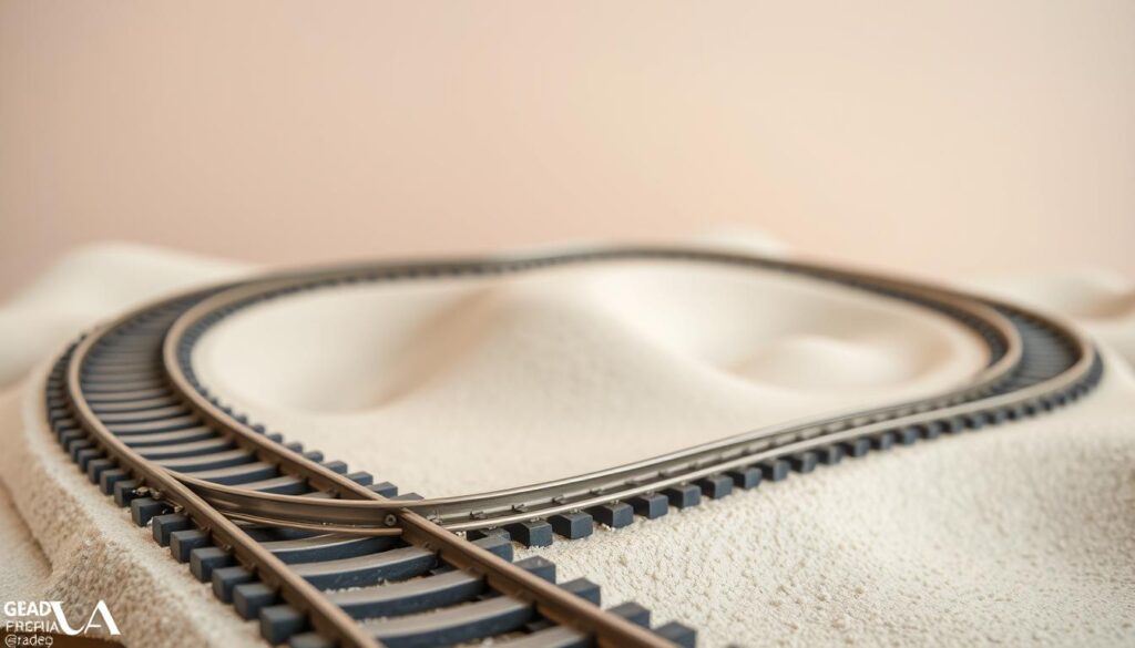 A well-lit model railroad layout set against a neutral background. In the foreground, a section of track with a visible grade percentage indicator, measuring the incline. The track winds through a landscape of foam board, meticulously sculpted to showcase the smooth transitions and lack of kinks or derailment risks. Realistic weathering and texture on the track and surrounding terrain, captured with a shallow depth of field to emphasize the technical details. The overall scene conveys a sense of precision, quality control, and the importance of carefully designing model railway systems. A well-lit model railroad layout set against a neutral background. In the foreground, a section of track with a visible grade percentage indicator, measuring the incline. The track winds through a landscape of foam board, meticulously sculpted to showcase the smooth transitions and lack of kinks or derailment risks. Realistic weathering and texture on the track and surrounding terrain, captured with a shallow depth of field to emphasize the technical details. The overall scene conveys a sense of precision, quality control, and the importance of carefully designing model railway systems.