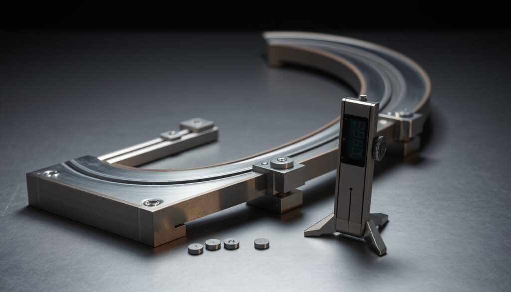 An adjustable curve jig with smooth, graceful transitions between connected segments. The jig's frame is constructed from sturdy metal, its surface polished to a subtle sheen. Movable joints allow for precise control over the curve's radius and elevation, simulating different road conditions. Carefully machined shims of varying thicknesses sit nearby, ready to be used for fine-tuning the superelevation. A high-precision digital inclinometer stands poised to measure the angle, its sleek design complementing the utilitarian aesthetic. Diffused lighting creates soft shadows that accentuate the jig's elegant form, inviting close examination of its well-engineered mechanics. The entire setup exudes a sense of meticulous craftsmanship, perfectly suited for an experiment exploring the fundamentals of smooth turns.