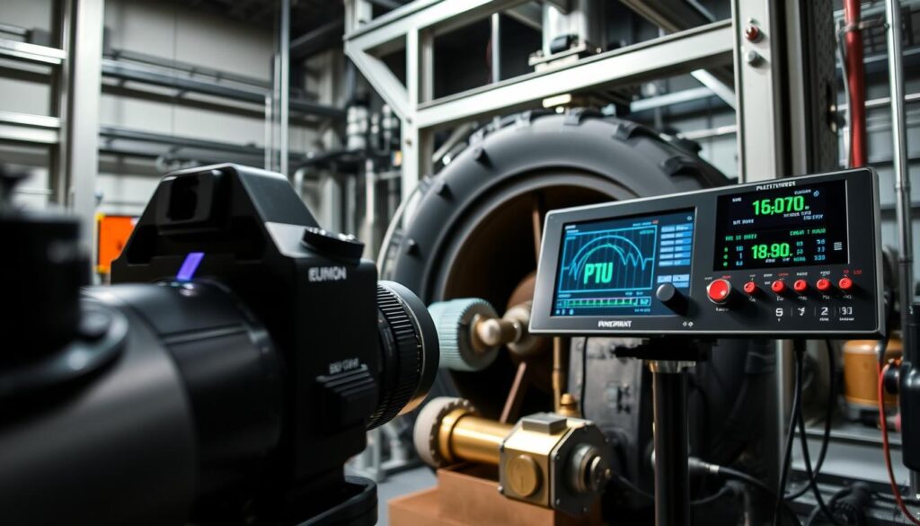 An industrial data collection setup capturing the performance of a Pelton wheel steam turbine. In the foreground, a high-resolution camera with a macro lens meticulously records the rotation speed and fluid dynamics of the turbine. In the middle ground, an array of sensors measure flow rate, pressure, and temperature, their digital readouts displayed on a sleek monitoring station. The background features a sturdy, metal-framed structure supporting the turbine, with clean, industrial lighting casting dramatic shadows and highlights across the scene. The overall atmosphere conveys a sense of precise, technical data acquisition for a steam-powered renewable energy application. An industrial data collection setup capturing the performance of a Pelton wheel steam turbine. In the foreground, a high-resolution camera with a macro lens meticulously records the rotation speed and fluid dynamics of the turbine. In the middle ground, an array of sensors measure flow rate, pressure, and temperature, their digital readouts displayed on a sleek monitoring station. The background features a sturdy, metal-framed structure supporting the turbine, with clean, industrial lighting casting dramatic shadows and highlights across the scene. The overall atmosphere conveys a sense of precise, technical data acquisition for a steam-powered renewable energy application.
