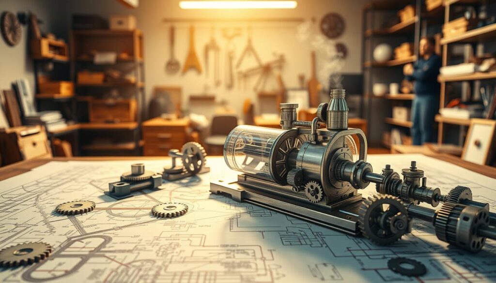 An intricate engineering blueprint showcasing pathways in mechanical engineering, emphasizing steam technology. In the foreground, detailed schematics featuring gears, pipes, and mechanical components elegantly arranged. The middle layer introduces a 3D model of a steam engine, meticulously designed with visible inner workings. In the background, a softly lit workshop atmosphere with shelves filled with engineering tools and materials, exuding a sense of innovation and creativity. The lighting is warm and inviting, casting gentle shadows that highlight the blueprint's complexity. The camera angle is slightly elevated, providing a comprehensive view of the layout, while maintaining an inspiring and professional mood, encouraging exploration and curiosity in engineering pathways. No human subjects are present. An intricate engineering blueprint showcasing pathways in mechanical engineering, emphasizing steam technology. In the foreground, detailed schematics featuring gears, pipes, and mechanical components elegantly arranged. The middle layer introduces a 3D model of a steam engine, meticulously designed with visible inner workings. In the background, a softly lit workshop atmosphere with shelves filled with engineering tools and materials, exuding a sense of innovation and creativity. The lighting is warm and inviting, casting gentle shadows that highlight the blueprint's complexity. The camera angle is slightly elevated, providing a comprehensive view of the layout, while maintaining an inspiring and professional mood, encouraging exploration and curiosity in engineering pathways. No human subjects are present.