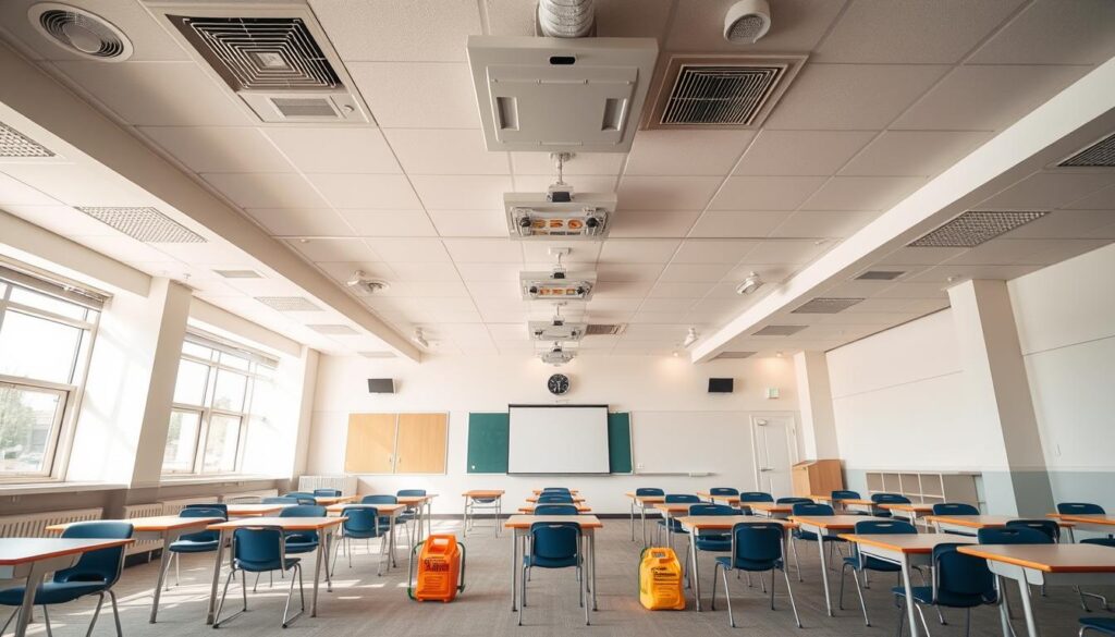Classroom ventilation safety setup: a well-lit, modern school room with large windows, high ceilings, and a centralized HVAC system. In the foreground, a clear safety zone with anti-slip mats and spill kits. Desks and chairs arranged in an open layout, leaving ample space for movement. Overhead, a series of strategically placed vents and air ducts, ensuring a steady flow of fresh, filtered air. The atmosphere is crisp, clean, and conducive to focused learning, with a subtle hue of warm lighting illuminating the scene. Captured from a slightly elevated angle, showcasing the comprehensive safety measures in place for an optimal classroom environment.