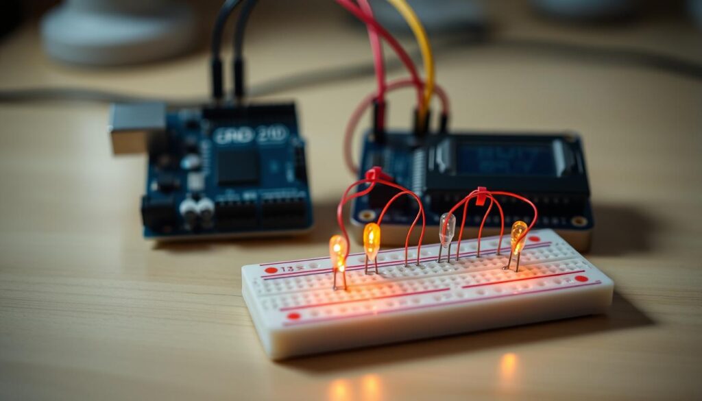 Detailed close-up of an Arduino LED signal circuit, capturing the essential electronic components. In the foreground, a microcontroller board with visible pins and ports, mounted on a clean, minimalist workbench. In the middle ground, a breadboard with neatly arranged resistors, wires, and LEDs in a simple, functional configuration. The LEDs are illuminated, casting a warm, ambient glow. Soft, directional lighting highlights the textures and shadows, emphasizing the technical nature of the circuit. The background is blurred, keeping the focus on the circuit's intricate design. The overall mood is one of precision, clarity, and the beauty of engineering.