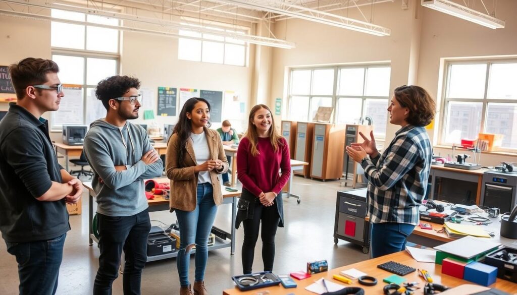 A bright and inviting maker space filled with various tools and equipment for hands-on learning. In the foreground, a diverse group of four young adults, dressed in casual yet professional attire, are attentively engaged in a safety training session led by an instructor. The instructor, standing confidently, demonstrates the proper use of safety goggles and gloves. The middle ground showcases workbenches cluttered with colorful materials, 3D printers, and electronics kits, while safety posters are visibly displayed on the walls. The background features large windows allowing natural light to flood the space, creating a warm and motivating atmosphere. The angle is slightly elevated, capturing the group's interaction and the vibrant environment, conveying a sense of collaboration and enthusiasm for learning.
