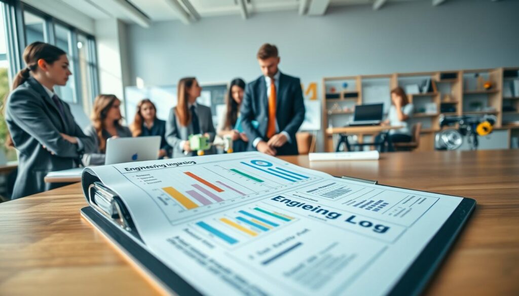 A detailed engineering log spread out on a wooden table in a bright, modern classroom setting. In the foreground, a close-up of a clipboard filled with neatly organized STEM activity assessments, featuring colorful graphs and charts. The middle section showcases a diverse group of students in professional business attire, deeply engaged in discussing their projects and documenting their findings. In the background, large windows allow natural light to flood the room, illuminating various hands-on engineering project displays, like working models and diagrams. The overall atmosphere is inspiring and collaborative, encouraging creativity and innovation in engineering. The camera angle is slightly elevated, capturing both the log and the students’ interactions, with a soft focus on the background elements to emphasize the importance of assessment and documentation.
