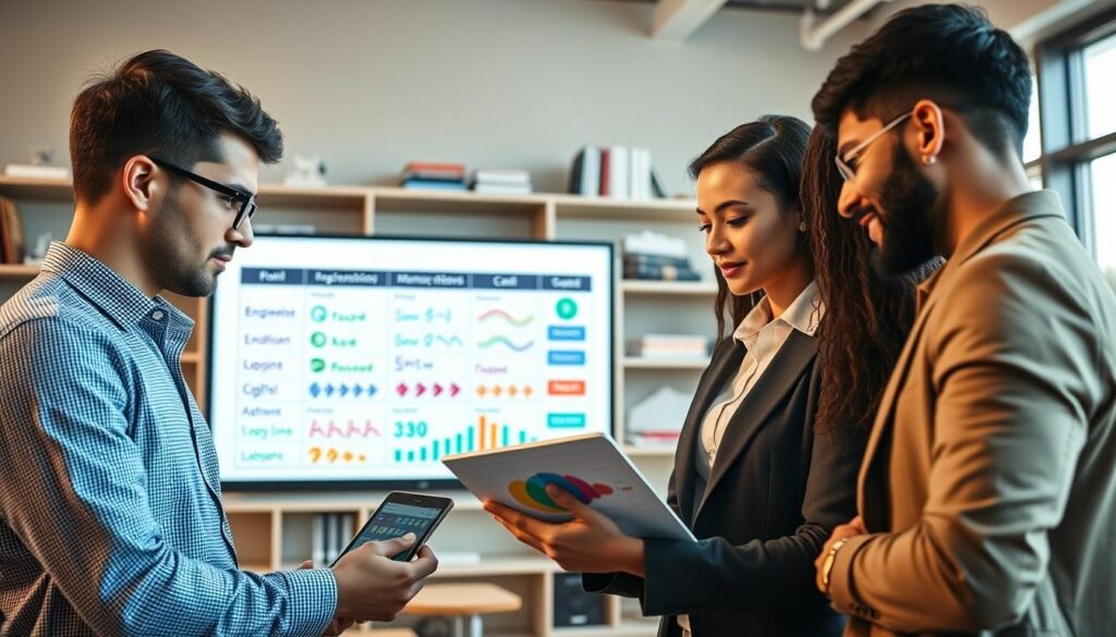 A detailed university program comparison scene showing a vibrant, modern engineering classroom. In the foreground, a diverse group of three students dressed in professional business attire (two male and one female) are intently discussing various engineering paths, analyzing colorful charts and graphs on a digital tablet. In the middle ground, a large smart board displays a well-organized comparison between engineering programs, with icons representing different specializations like mechanical, electrical, and civil engineering. The background features shelves filled with engineering books and models, under soft, warm lighting that creates an inviting atmosphere. The room has large windows filtering in natural light, enhancing the productive mood of inquiry and collaboration. The angle captures an engaging and dynamic academic environment, evoking excitement about future engineering careers.
