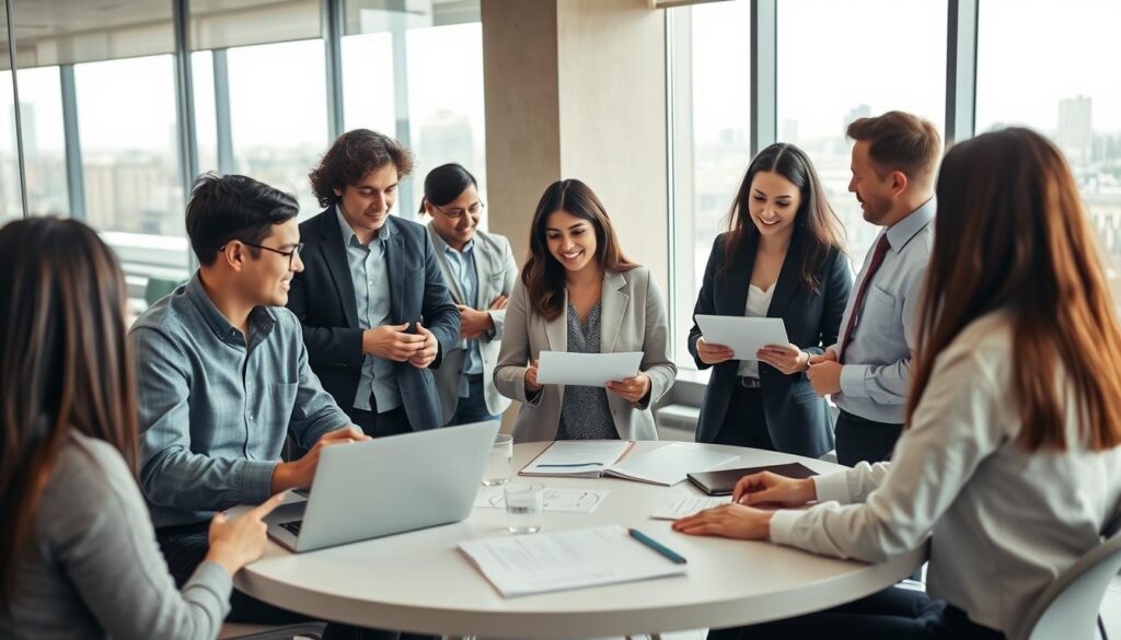 A diverse group of professionals engaged in animated conversation in a modern office environment, representing a professional development network. In the foreground, two mid-career engineers, one male and one female, are exchanging ideas over laptops, wearing smart casual attire. The middle ground features a round table with three other colleagues, showcasing inclusive discussions with documents and digital devices. The background includes a large window with cityscape views, allowing soft natural light to illuminate the scene. The overall atmosphere is collaborative and inspiring, filled with energy and focused determination, conveying the essence of networking and mentorship in engineering. The image should be captured using a wide-angle lens to create a sense of openness and community.