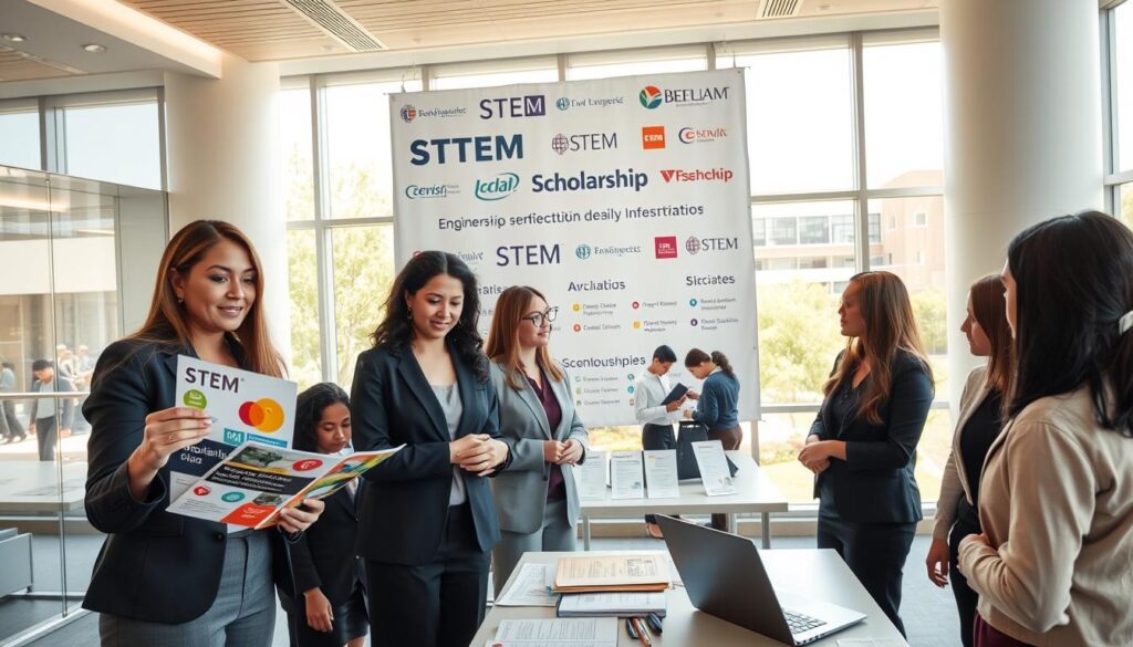 A diverse group of women in professional business attire discussing STEM scholarship opportunities in a bright, modern university environment. In the foreground, one woman points to a colorful scholarship brochure, while another takes notes on a laptop. The middle layer showcases a large banner featuring STEM logos, with a table displaying scholarship application forms and informational pamphlets. In the background, a large window reveals a sunny campus with students engaged in engineering projects. The atmosphere is collaborative and inspiring, with warm lighting to create an inviting and motivating space. The shot is taken with a wide-angle lens to capture the entire setting, emphasizing the importance of these scholarship opportunities for women in STEM. A diverse group of women in professional business attire discussing STEM scholarship opportunities in a bright, modern university environment. In the foreground, one woman points to a colorful scholarship brochure, while another takes notes on a laptop. The middle layer showcases a large banner featuring STEM logos, with a table displaying scholarship application forms and informational pamphlets. In the background, a large window reveals a sunny campus with students engaged in engineering projects. The atmosphere is collaborative and inspiring, with warm lighting to create an inviting and motivating space. The shot is taken with a wide-angle lens to capture the entire setting, emphasizing the importance of these scholarship opportunities for women in STEM.