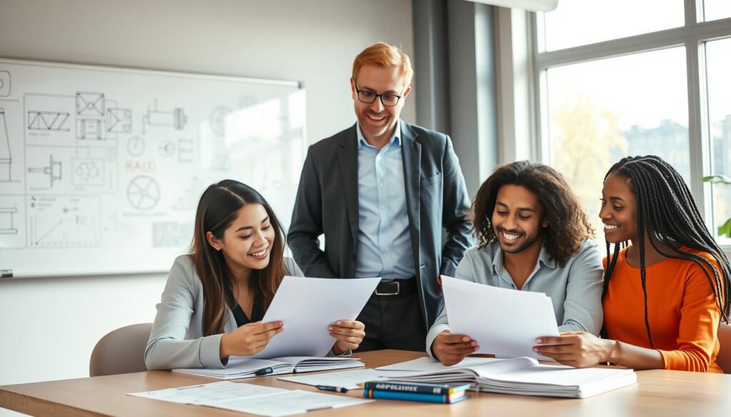 A diverse group of young adults engaged in an engineering apprenticeship application process, set in a bright, modern office environment. In the foreground, two candidates, a young woman and a young man, are seated at a table, reviewing application forms and discussing their qualifications, dressed in professional business attire. In the middle, a mentor, an experienced engineer, stands beside them, offering guidance with a welcoming smile. The background showcases a whiteboard filled with engineering concepts and diagrams, along with large windows allowing natural light to flood the space, creating an inviting atmosphere. Use a wide-angle lens to capture the collaborative environment, emphasizing the blend of traditional skills and modern technology in the apprenticeship theme. The mood is supportive and energetic, representing hope and opportunity.
