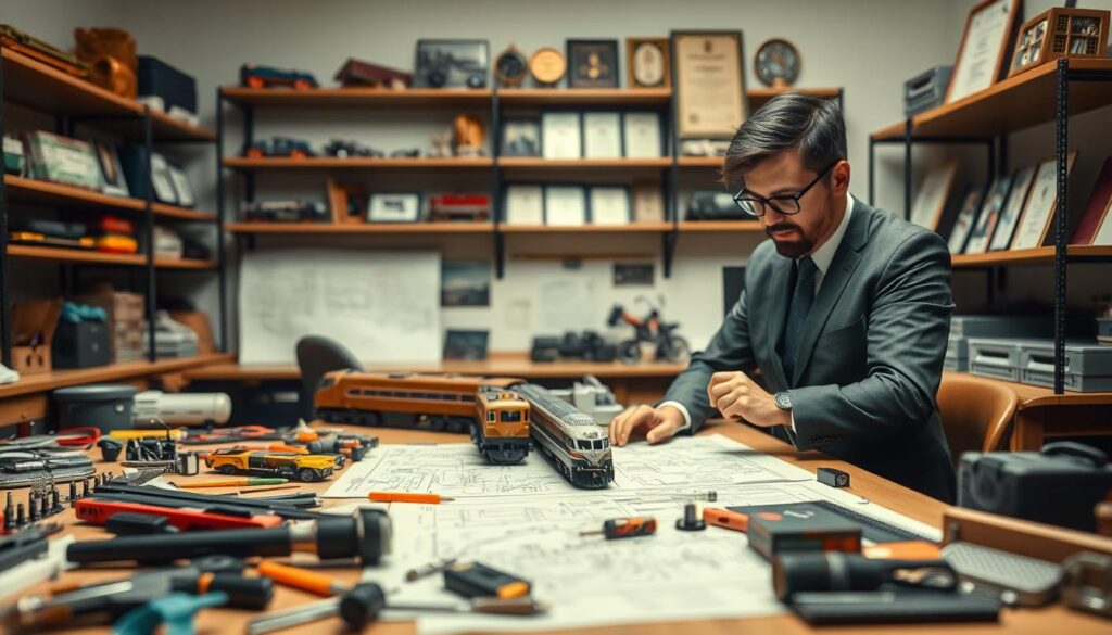 A dynamic workspace scene showcasing the transition from hobby to career, featuring an enthusiastic model engineer in professional business attire, intently working on a detailed model train set. In the foreground, tools and materials are scattered, portraying the hands-on nature of model engineering. The middle ground highlights a well-organized workbench, with intricate blueprints and electronic components spread out, representing the planning and technical skills involved. In the background, shelves lined with award-winning models and certificates suggest recognition and achievement in the field. Soft, warm lighting enhances the inviting atmosphere, with a slight focus on the model engineer to draw attention. This image should evoke feelings of inspiration, professionalism, and the joy of turning a passion into a successful career.