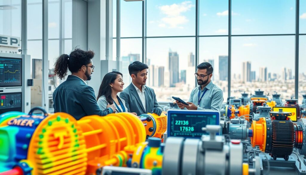A futuristic thermal engineering laboratory bustling with activity. In the foreground, diverse engineers of various ethnicities are collaboratively examining innovative thermal technologies, dressed in professional business attire, utilizing advanced thermal imaging equipment. The middle ground showcases cutting-edge steam turbines, heat exchangers, and digital interface screens displaying real-time data on energy efficiency. In the background, large windows reveal a sleek city skyline powered by renewable energy sources, under bright, clear skies that reflect an optimistic future. The lighting is bright and focused, highlighting the engineers' concentration and the intricate details of the technology. The mood is vibrant and forward-looking, symbolizing growth and new career opportunities in thermal engineering.