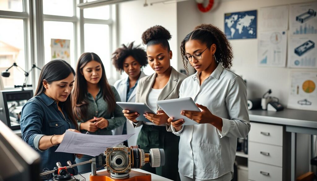 A group of diverse female engineers stands confidently in a modern laboratory, each tackling a specific engineering challenge. In the foreground, a South Asian engineer is analyzing technical diagrams at a workstation, her expression focused and determined. Next to her, an African American engineer is assembling a complex device, showcasing precise hand movements. In the middle ground, a Hispanic engineer is discussing plans with her colleagues, pointing out critical data on a digital tablet. Soft, natural lighting filters through large windows, creating a bright and motivating atmosphere. The background features state-of-the-art engineering equipment, posters of innovative designs, and colorful blueprint sketches. The mood is one of empowerment and collaboration, highlighting women breaking barriers in the STEAM field. The composition should be shot from a slightly elevated angle to capture the dynamic interactions and energy in the space. A group of diverse female engineers stands confidently in a modern laboratory, each tackling a specific engineering challenge. In the foreground, a South Asian engineer is analyzing technical diagrams at a workstation, her expression focused and determined. Next to her, an African American engineer is assembling a complex device, showcasing precise hand movements. In the middle ground, a Hispanic engineer is discussing plans with her colleagues, pointing out critical data on a digital tablet. Soft, natural lighting filters through large windows, creating a bright and motivating atmosphere. The background features state-of-the-art engineering equipment, posters of innovative designs, and colorful blueprint sketches. The mood is one of empowerment and collaboration, highlighting women breaking barriers in the STEAM field. The composition should be shot from a slightly elevated angle to capture the dynamic interactions and energy in the space.