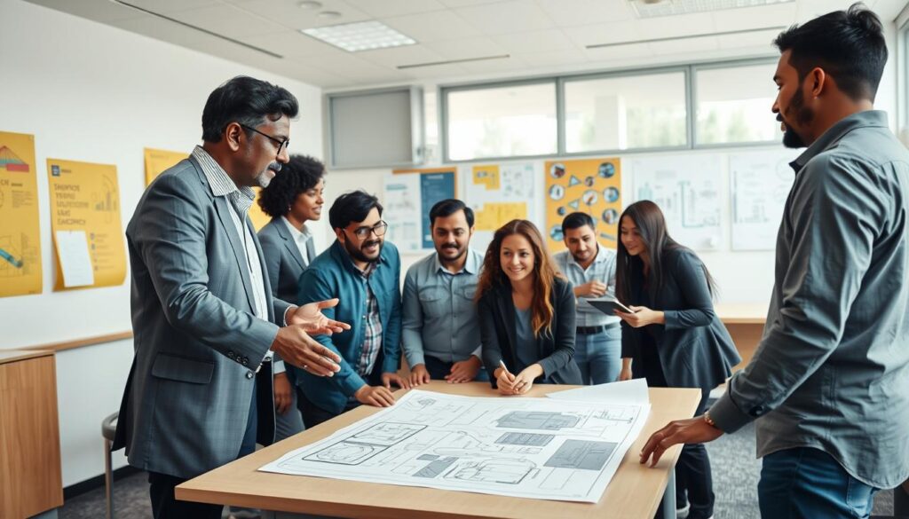 A lively and engaging university setting depicting diverse faculty members in a collaborative environment, sharing knowledge and expertise related to various engineering disciplines. In the foreground, two professors of different ethnic backgrounds, one in professional business attire and the other in modest casual clothing, are engaged in a discussion, gesturing towards an engineering project blueprint spread on a table. In the middle, a group of students—three males and two females, also diverse—are seated, taking notes and actively participating. The background features a bright, modern classroom with large windows letting in natural light, and posters of engineering concepts on the walls. The atmosphere is dynamic and inspiring, symbolizing the connection between faculty and students in shaping future engineers. Shot with a wide-angle lens for depth, capturing a warm and inviting mood, emphasizing collaboration and mentorship in academia.