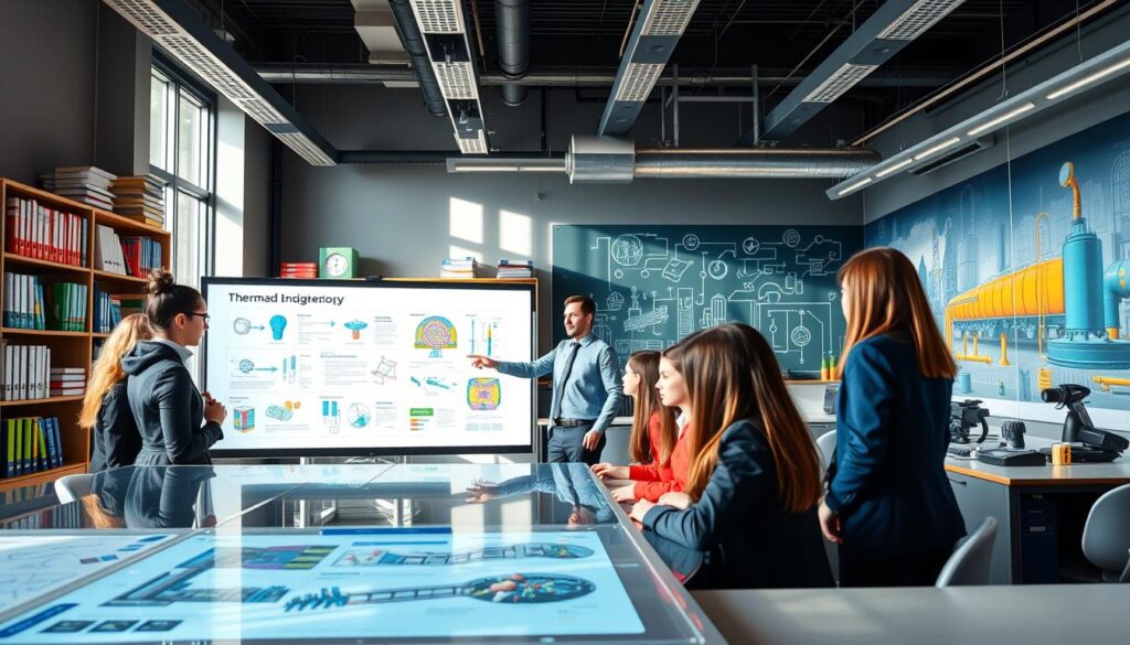 A modern classroom setting focused on engineering trends, highlighting elements of STEAM and thermal technology education. In the foreground, a diverse group of students in professional business attire is engaged in hands-on learning activities around a high-tech workstation with visual displays of thermal models and engineering designs. The middle ground features a teacher, pointing to a digital board filled with diagrams illustrating the principles of steam technology. The background includes shelves of engineering textbooks, advanced tools, and an inspiring wall mural depicting innovations in technology. Soft, natural lighting streams through large windows, creating a bright and motivational atmosphere, while a wide-angle perspective captures the vibrant energy of learning and collaboration.