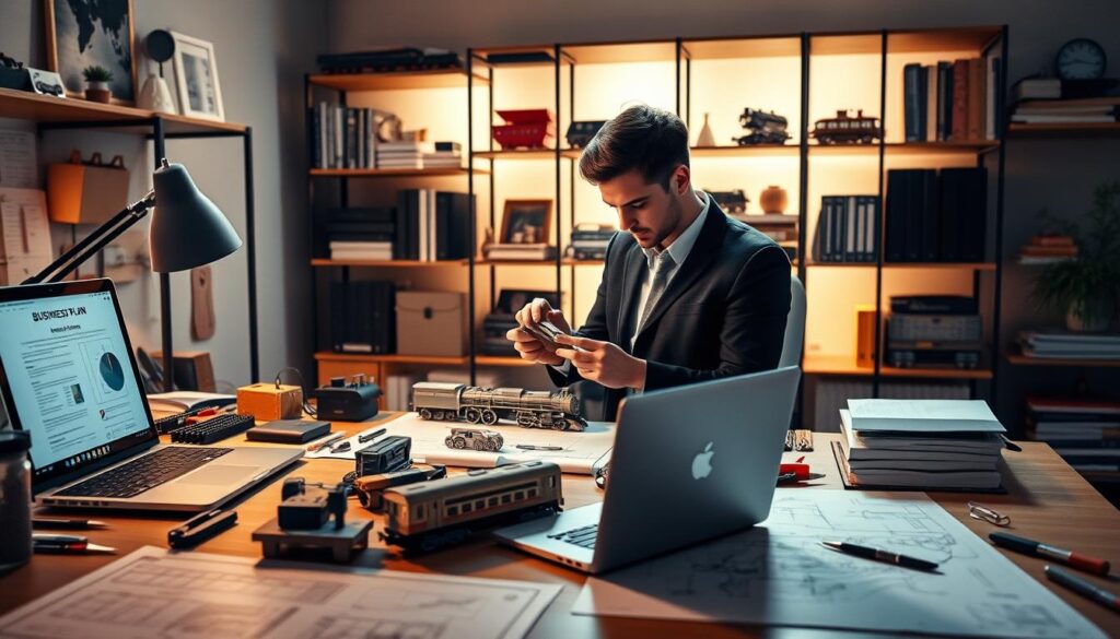 A professional workspace showcasing the transition from hobby to career for model engineers. In the foreground, a well-organized desk with blueprints, tools, and a laptop displaying a business plan. In the middle, a person in smart casual attire, deep in concentration, working on a detailed model train, surrounded by various materials and prototypes. The background features a well-lit shelving unit filled with completed projects and reference books. Soft, warm lighting casts inviting shadows that create a motivational atmosphere. The image is captured from an angle that emphasizes creativity and professionalism, inspiring the viewer to consider the journey of monetizing their passion into a thriving business.